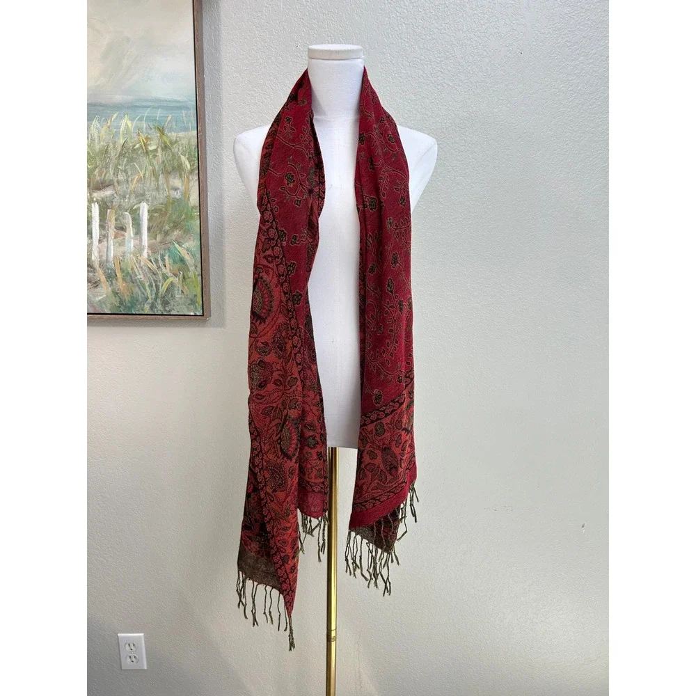 Red Brown Paisley Pashmina Shawl Reversible Fringe Wrap Scarf Bohemian Floral